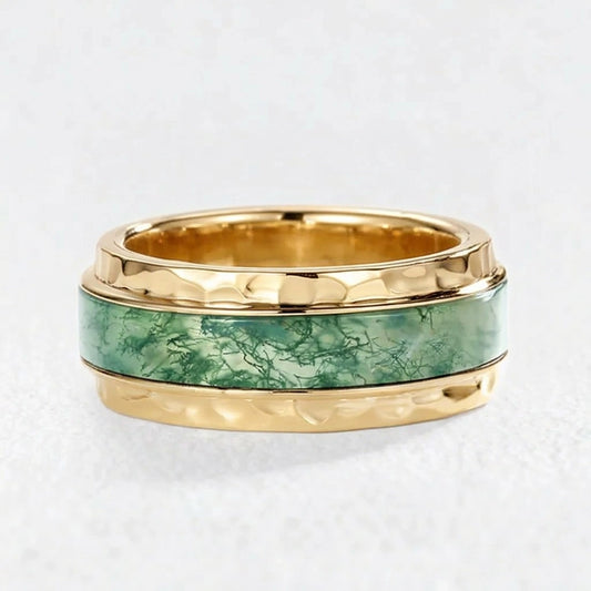 Bold Hammered Sterling Silver Moss Agate Statement Band Ring