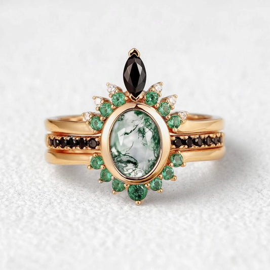 Unique Oval cut Moss Agate Leaf and Vine Promise Ring Set