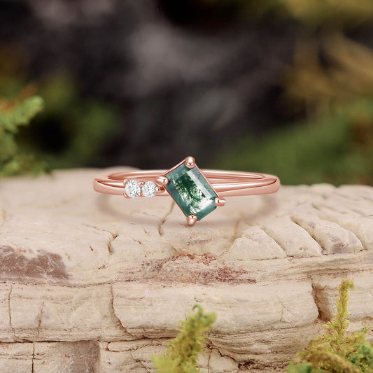 Minimalist Emerald Cut Moss Agate & Moissanite Engagement Ring