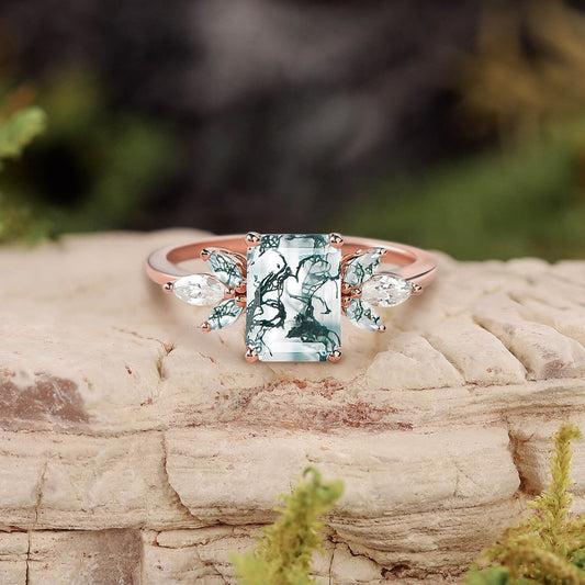 Emerald Cut Moss Agate Cluster Wing Engagement Ring