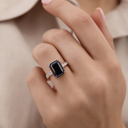 Selene's Mystique | 2CT Emerald Cut Black Gemstone Ring