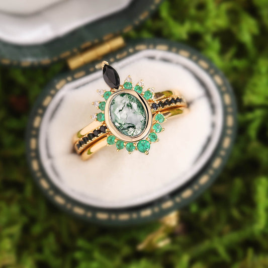 Unique Oval cut Moss Agate Leaf and Vine Promise Ring Set