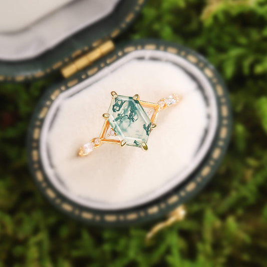 Nature Inspired Hexagon Cut Moss Agate Engagement Ring