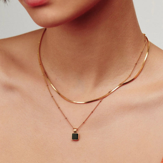 18K Gold Vermeil Black Square Onyx Necklace
