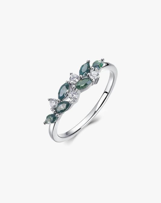 Minimalist Leaf Silver Moss Agate Ring
