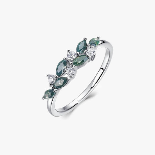 Minimalist Leaf Silver Moss Agate Ring