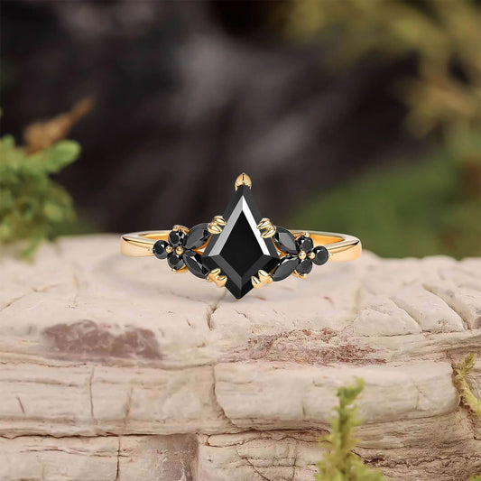 Unique Kite Cut Moss Agate & Black Onyx Leaf Engagement Ring