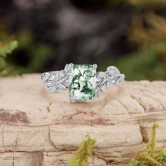 Sheryl Emerald Cut Moss Agate Leafy Engagement Ring