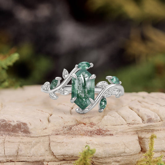 Vintage Hexagon Cut Moss Agate Leafy Engagement Ring