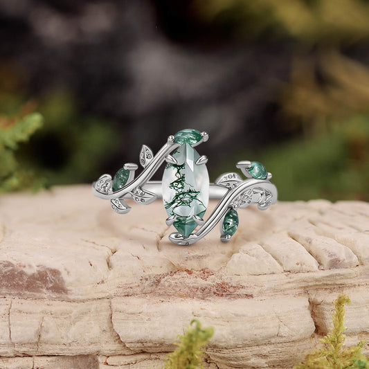 Vintage Marquise Cut Moss Agate Leafy Engagement Ring