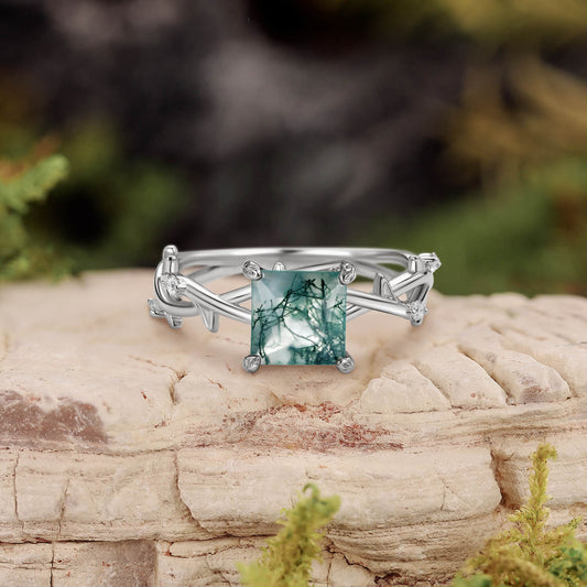 Nature Inspired Princess Cut Moss Agate Leafy Engagement Ring