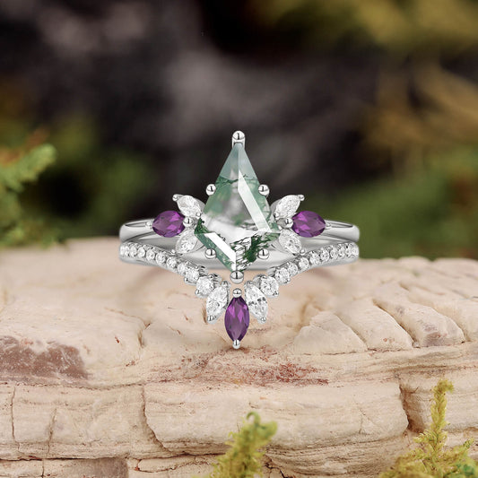 Butterfly Fairy - Unique Kite Cut Moss Agate & Amethyst Engagement Ring Set 2pcs