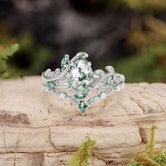 Daphne Pear Cut Moss Agate Vine Engagement Ring Set 2pcs