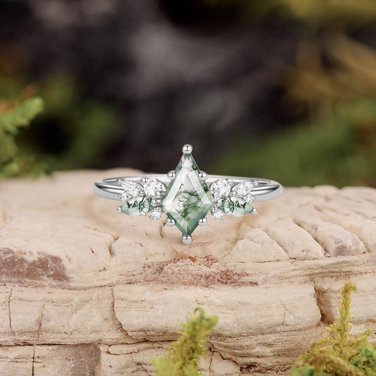 Nature Inspired Kite Cut Moss Agate Engagement Ring