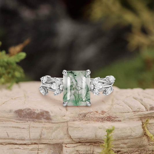 Nature Inspired Emerald Cut Moss Agate Engagement Ring