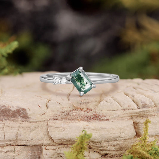 Minimalist Emerald Cut Moss Agate & Moissanite Engagement Ring