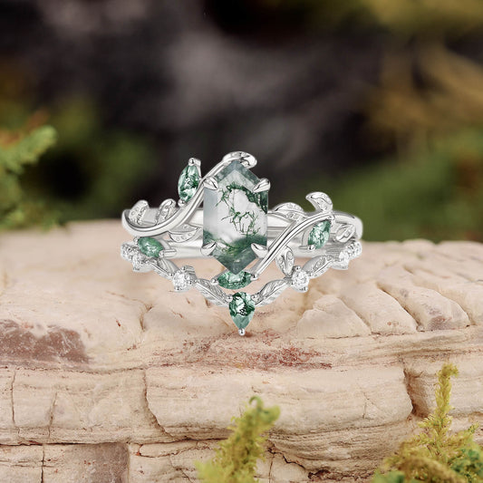 Daphne Moss Agate Hexagon Vine Engagement Ring Set 2pcs