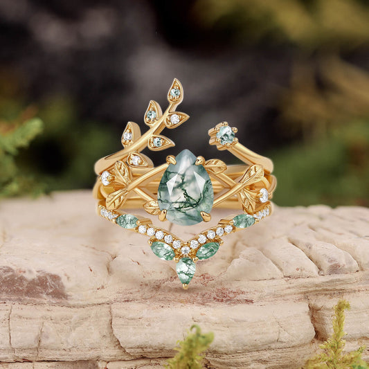 Liliana Pear Cut Moss Agate Leafy Ring Set 3pcs