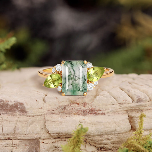 Nature Inspired Emerald Cut Moss Agate Double Pear Peridot Engagement Ring
