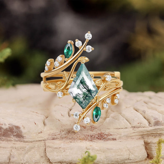 Knight Kite Cut Moss Agate & Emerald Cage Leafy Engagement Ring Sets 2pcs