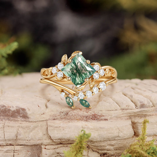 Nature Inspired Green Leafy Princess Cut Moss Agate Engagement Ring Set 2PCS