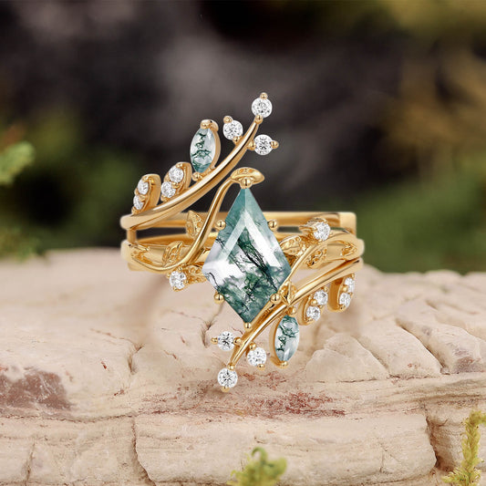Knight Nature Inspired Kite Cut Moss Agate Cage Leafy Ring 2pcs