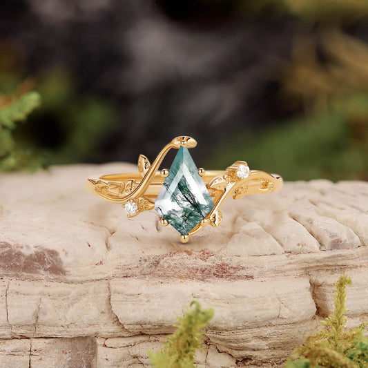 Willow Unique Kite Cut Moss Agate Leafy Engagement Ring