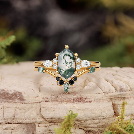 Unique Hexagon Moss Agate & Black Onyx Ring Set 2PCS