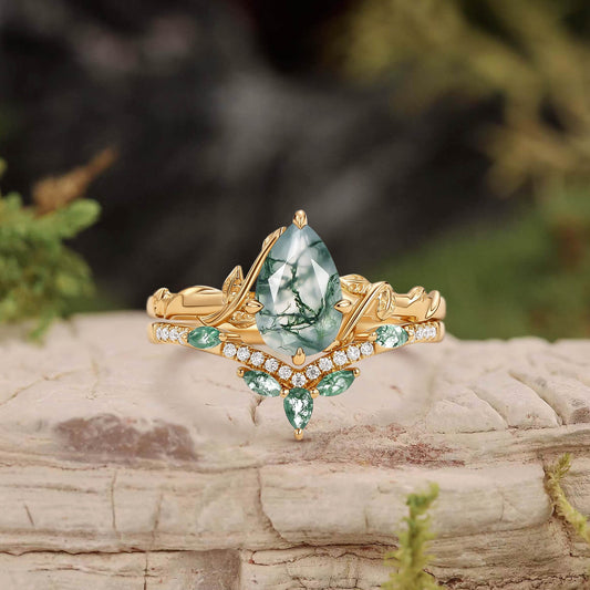 Lark Nature Inspired Pear Cut Moss Agate Leafy Ring Set 2pcs