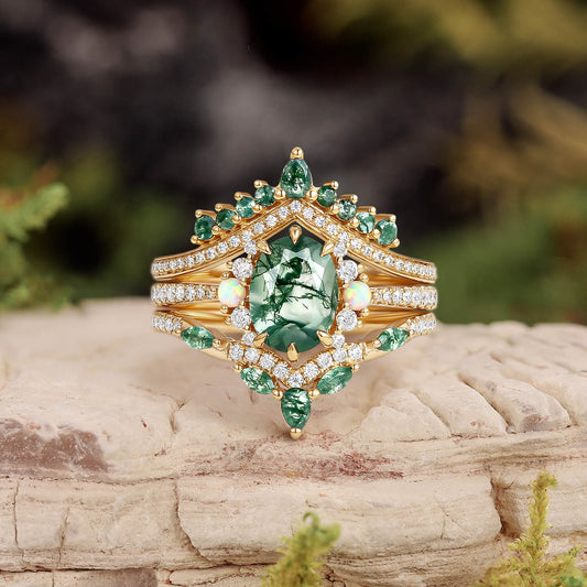Ethan Unique Oval Cut Moss Agate & Opal Engagement Ring Set 3pcs