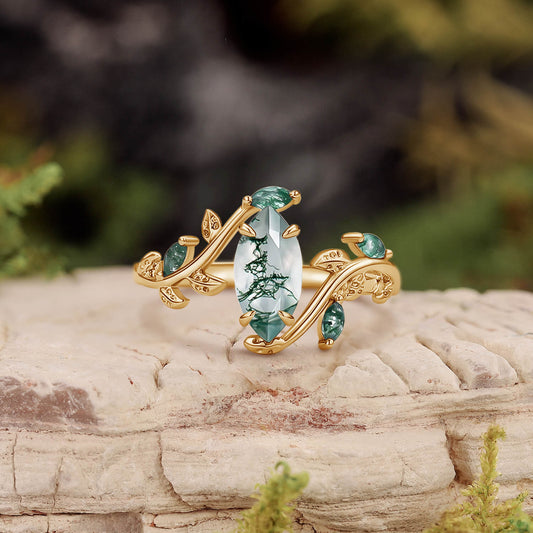 Vintage Marquise Cut Moss Agate Leafy Engagement Ring