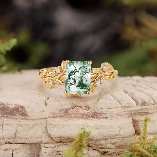 Sheryl Emerald Cut Moss Agate Leafy Engagement Ring