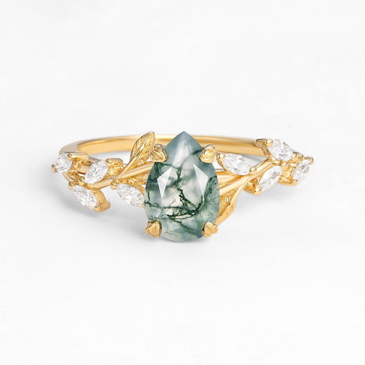 Nature Inspired Pear Cut Moss Agate Engagement Ring