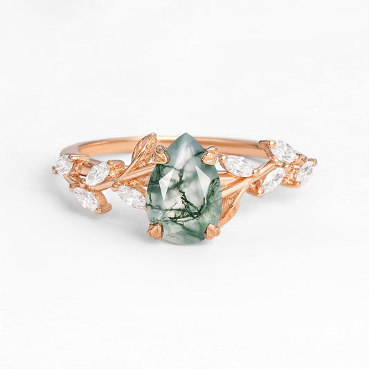 Nature Inspired Pear Cut Moss Agate Engagement Ring