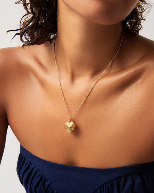 Engravable Heart Ridge Locket Pendant Necklace | 18K Gold Vermeil/Rainbow Moonstone