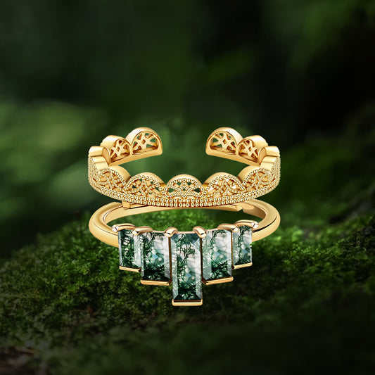 Gold Crown Stack Moss Agate Engagement Ring Set