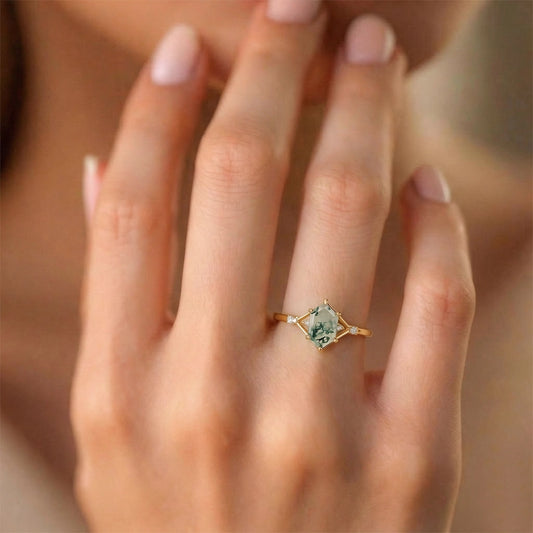 Nature Inspired Hexagon Cut Moss Agate Engagement Ring