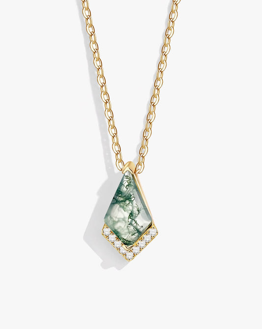 Rhombus Natural Moss Agate Gold Pendant Necklace
