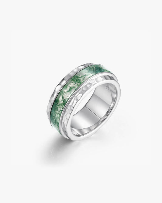 Bold Hammered Sterling Silver Moss Agate Statement Band Ring