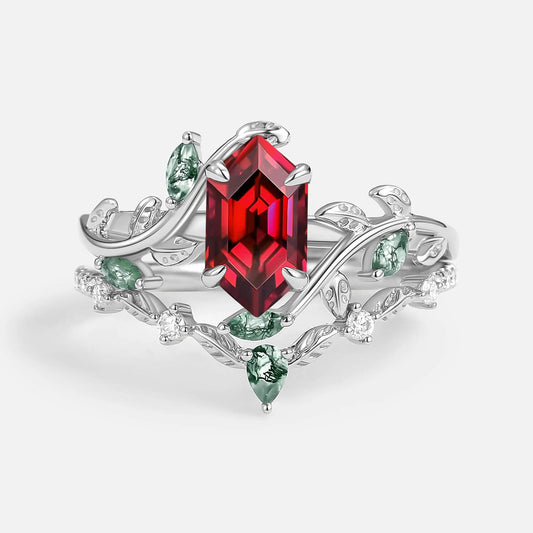 Daphne Moss Agate Hexagon Vine Engagement Ring Set 2pcs