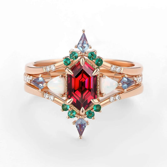 Max Hexagon Moss Agate & Opal & Alexandrite & Emerald Engagement Ring Set 3pcs
