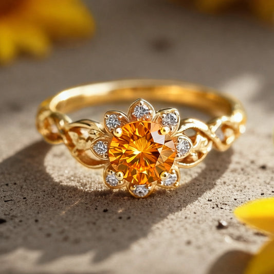 Solara's Petal – Round Citrine Engagement Ring with Floral Diamond Accents