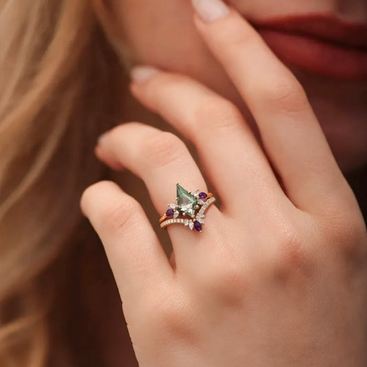 Butterfly Fairy - Unique Kite Cut Moss Agate & Amethyst Engagement Ring Set 2pcs