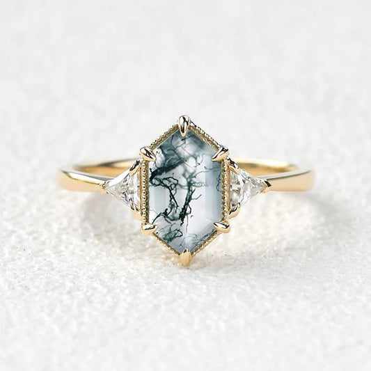 1.5CT Geometric Moss Agate Three-Stone Vintage Ring