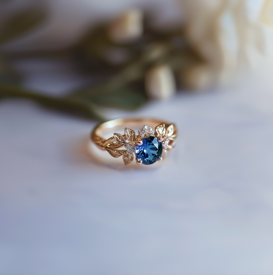 Elenisár Antique Floral Vine Ring with a Teal Sapphire, Blue Sapphire Engagement ring