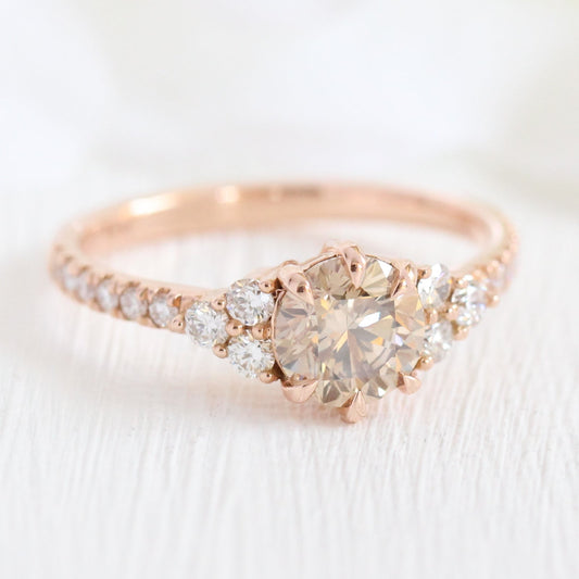 1.31 Ctw Champagne Diamond Ring in 14k Rose Gold 3 Stone Pave Band, Size 6.5