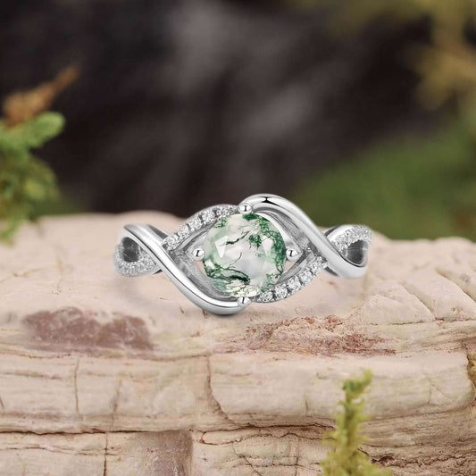 Classic Infinity Round Cut Moss Agate Engagement Ring