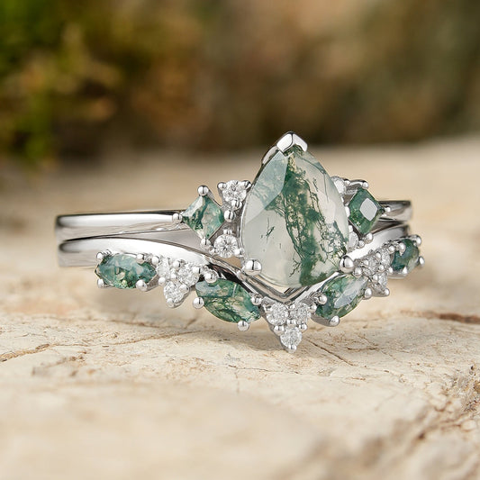 Nature Pear Cut Moss Agate Vine Engagement Ring Set