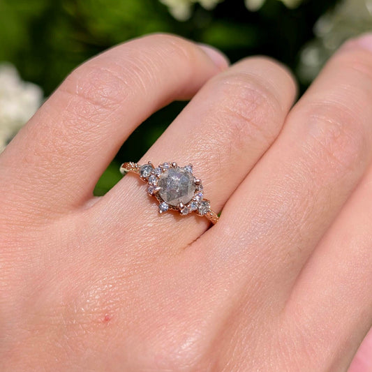 Vintage Sunflower Salt and Pepper Diamond Gold Ring