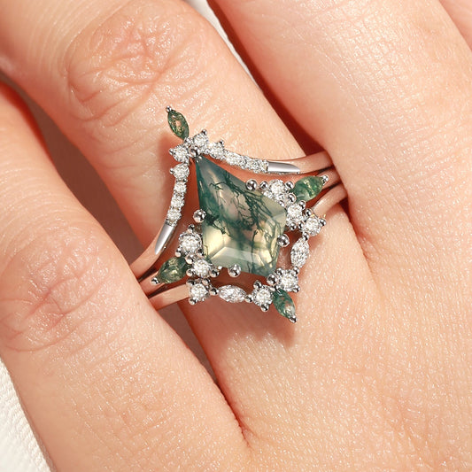 Tessa Unique Kite Cut GreenMoss Agate Chevron Engagement Ring Set 3pcs